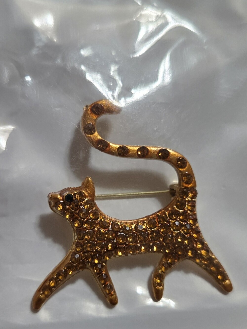Gold Crystal Cat Brooch - Sparkling Amber Accent